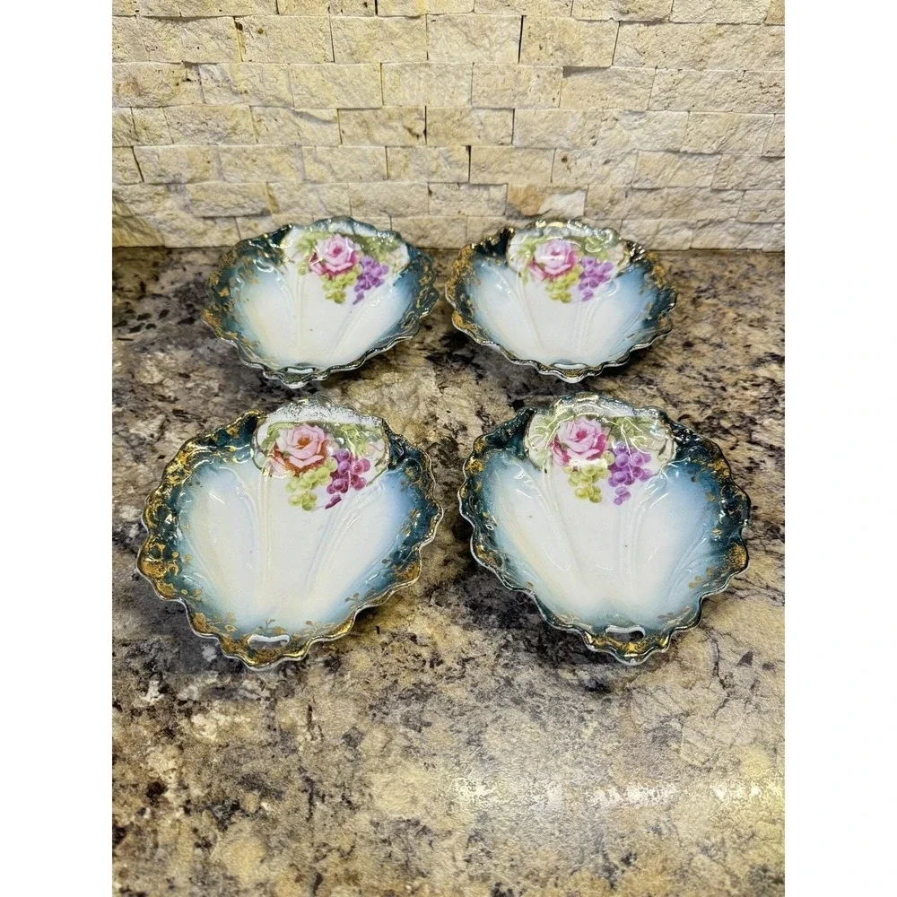 Vintage Pink Rose & Grapes W/Gold Accent Porcelain China 1 Handled 4 Fruit Bowls